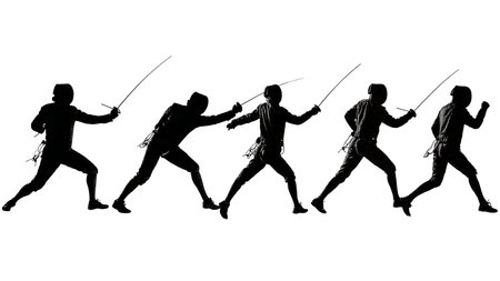 Fencer with National Flag Silhouette Set of Six isolated on plain white background.