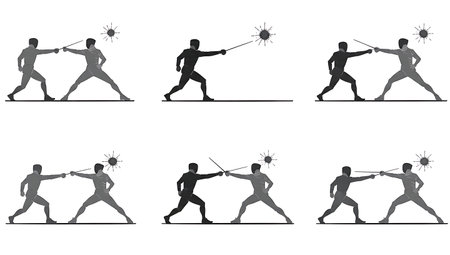 Collection of Six Fencing Touche Scoring Moment Silhouettes isolated on plain white background.