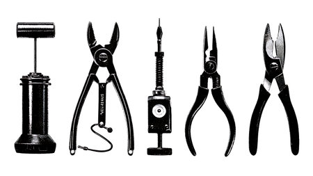Six Fencing Armourer's Tools and Repair Kit Silhouettes isolated on plain white background.