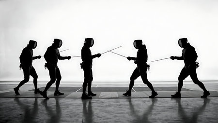 Fencer in Deep Focus Before Bout Silhouette Set of Six isolated on plain white background.