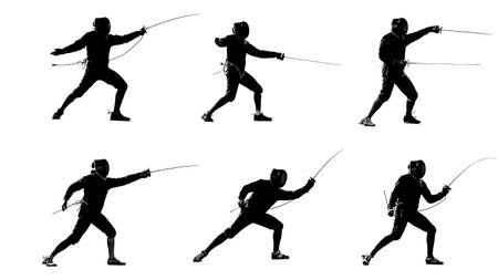 Fencing Coach and Student Lesson Silhouette Collection of Six isolated on plain white background.