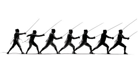 Fencer Connecting to Scoring Machine Silhouette Set of Six isolated on plain white background.