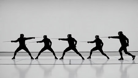 Fencing Passata Sotto Ducking Attack Silhouette Set of Six isolated on plain white background.