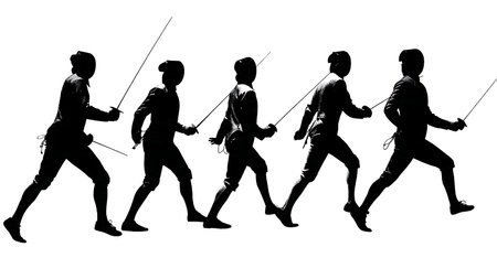 Fencing Footwork Line Drill Silhouette Set of Six isolated on plain white background.