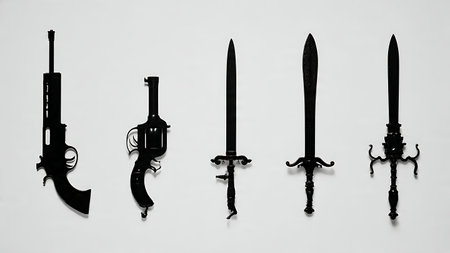 Fencing Grip and Bell Guard Detail Silhouette Set of Six isolated on plain white background.