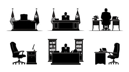 Empty Politician's Office Interior Silhouette Set of Six isolated on plain white background.のイラスト素材