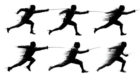 Fencing Lunge with Motion Blur Effect Silhouette Set of Six isolated on plain white background.