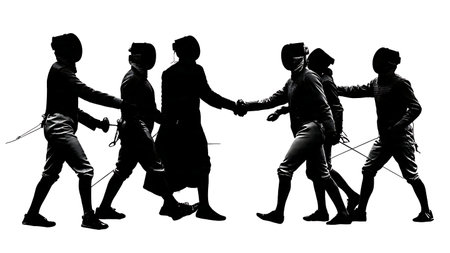 Six Final Post-Bout Handshake Fencing Silhouettes isolated on plain white background.