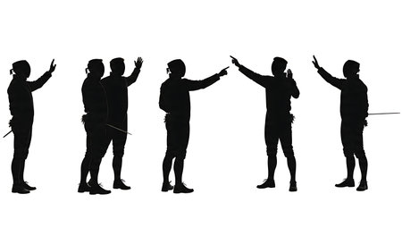 Six Fencing Referee Hand Signal Silhouettes on White Background isolated on plain white background.