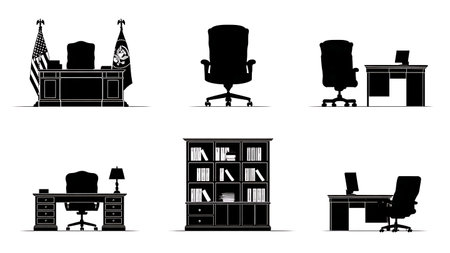 Empty Politician's Office Interior Silhouette Set of Six isolated on plain white background.のイラスト素材