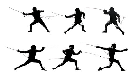 Fencing Circular Parry Defense Silhouette Set of Six isolated on plain white background.