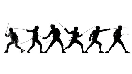 Foil Fencing Action Sequence Silhouette Set of Six isolated on plain white background.