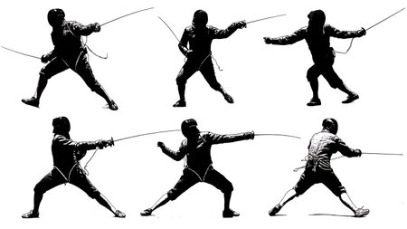 Fencing Footwork and Movement Drill Silhouettes, Set of Six isolated on plain white background.