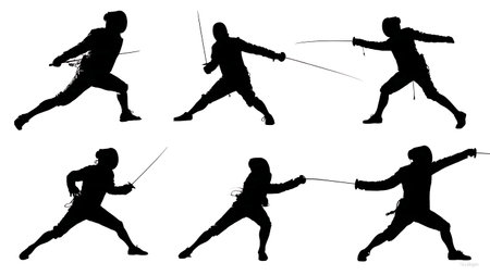 Fencing Lunge Shadow Silhouette Set of Six isolated on plain white background.