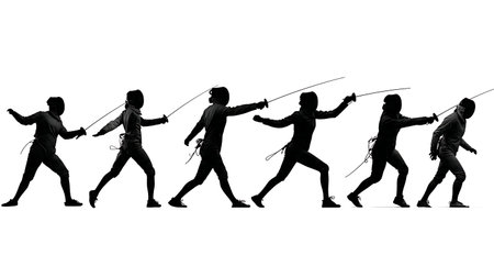 Foil Fencing Action Sequence Silhouette Set of Six isolated on plain white background.