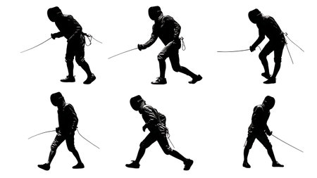 Fencer in Defeat and Loss Silhouette Set of Six isolated on plain white background.
