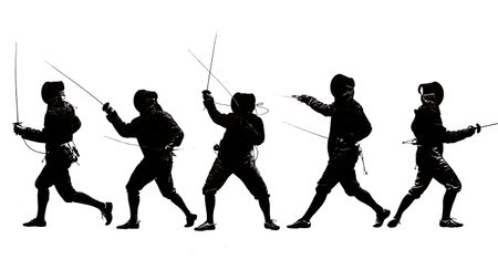 Fencing Weapon Weight and Shim Test Silhouette Collection of Six isolated on plain white background.