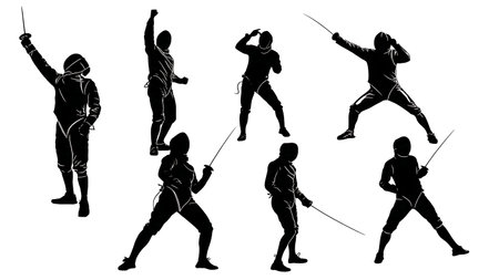 Six Fencer Victory Celebration Silhouettes isolated on plain white background.