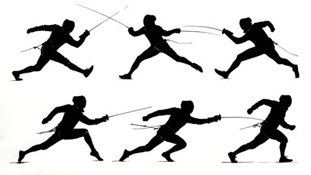 Six Dynamic FlÃƒÂ¨che Attack Fencing Silhouettes isolated on plain white background.