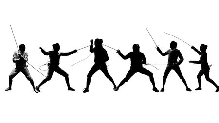 Evolution of the Fencing Stance Silhouette Set of Six isolated on plain white background.