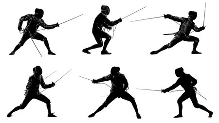 Historical Fencing Manual Pose Silhouette Set of Six isolated on plain white background.