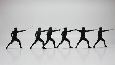Fencing Point in Line Position Silhouette Set of Six isolated on plain white background.
