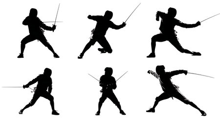 Fencing Lunge Shadow Silhouette Set of Six isolated on plain white background.
