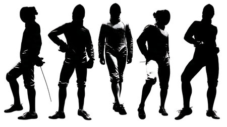 Fencing Socks and Shoes Detail Silhouette Set of Six isolated on plain white background.