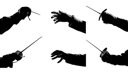 Fencing Weapon Grip Silhouette Set of Six isolated on plain white background.