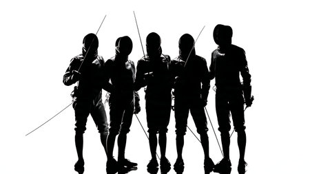 Fencing Team Portrait Silhouette Set of Six isolated on plain white background.