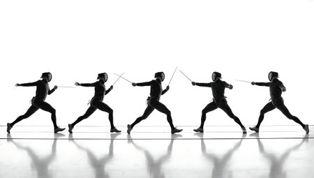 Fencing Bouncing Footwork Silhouette Set of Six isolated on plain white background.