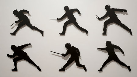Fencing Lunge Shadow Silhouette Set of Six isolated on plain white background.
