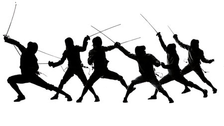 Low-Angle Heroic Fencing Bout Silhouette Set of Six isolated on plain white background.