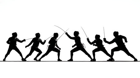 Low-Angle Heroic Fencing Bout Silhouette Set of Six isolated on plain white background.