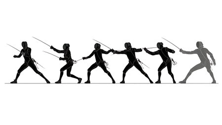 Foil Fencing Action Sequence Silhouette Set of Six isolated on plain white background.