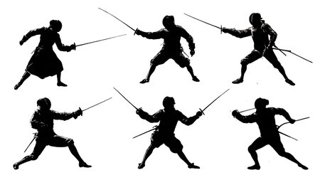 Historical Fencing and Dueling Silhouette Set of Six isolated on plain white background.