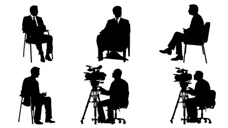 Politician Television Interview Silhouette Set of Six isolated on plain white background.のイラスト素材