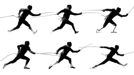 Fencing Lunge with Motion Blur Effect Silhouette Set of Six isolated on plain white background.