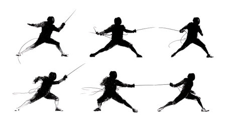 Fencing Lunge with Motion Blur Effect Silhouette Set of Six isolated on plain white background.