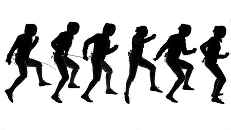 Fencing Footwork and Leg Position Detail Silhouettes isolated on plain white background.