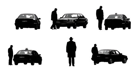 Politician's Motorcade Stuck in Traffic Silhouette Set of Six isolated on plain white background.のイラスト素材