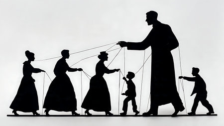 Politician as Puppeteer Metaphor Silhouette Set of Six isolated on plain white background.