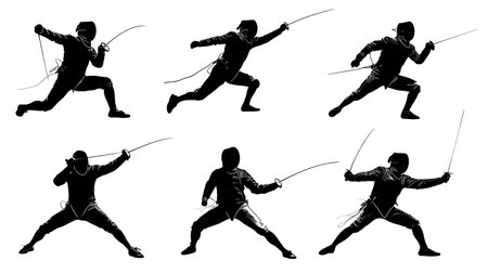 Showcase of Six Sabre Fencing Slashing Attack Silhouettes isolated on plain white background.