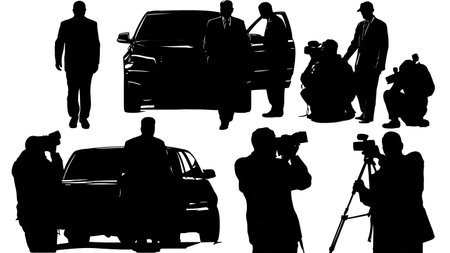 Politician Arrival with Media and Security Silhouette Set of Six isolated on plain white background.のイラスト素材