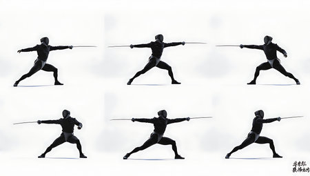 Sabre Parry Riposte Sequence Silhouette Set of Six isolated on plain white background.