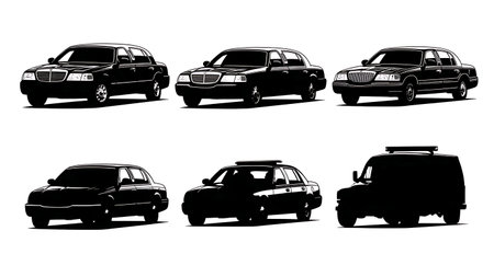 Presidential Motorcade and Security Vehicle Silhouette Set of Six isolated on plain white background.のイラスト素材