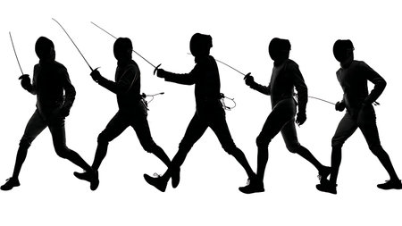 Modern Pentathlon Fencing Silhouette Set of Six isolated on plain white background.