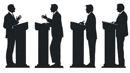 Collection of Six Black Solid Politician Debate Silhouettes on White Background isolated on plain...