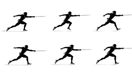 Sabre Fencing Running Attack Silhouette Set of Six isolated on plain white background.