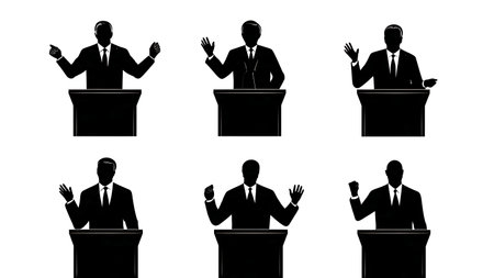 Set of Six Black Solid Politician Speech Silhouettes on White Background isolated on plain white background.のイラスト素材